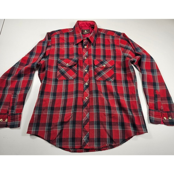 Vintage High Sierra by Mervyns red black plaid button up flannel L ^ - Picture 5 of 8